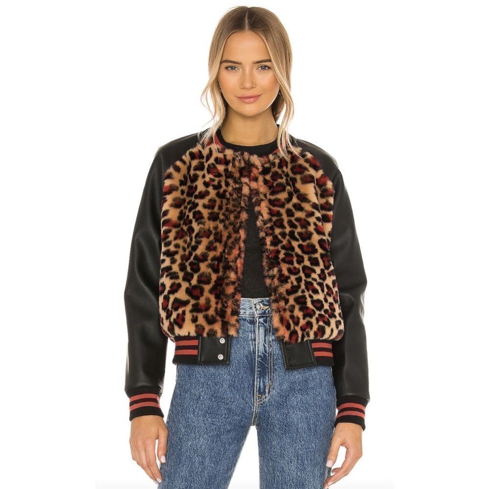 MOTHER Leopard-Print Faux Fur Bomber Jacket with Black Sleeves